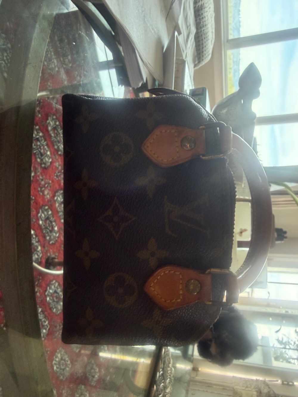 Authentic Louis Vuitton Monogram Mini Speedy Handbag with Tan Trim